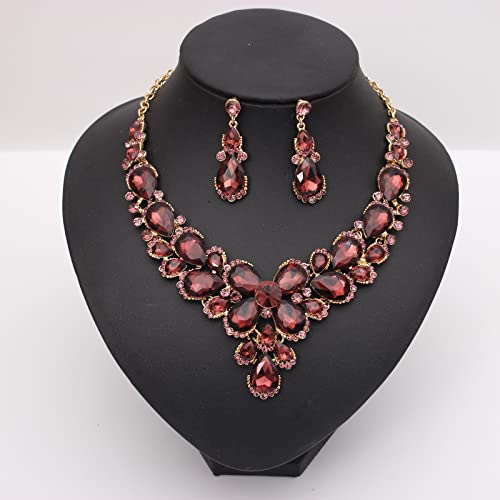 Women's Wedding Bridal Austrian Crystal Glass Teardrop Statement Necklace Dangle Earrings Bracelet Ring Wedding Party Jewelry Set for Bridal Bridesmaid - color: Purple-Gold Plated