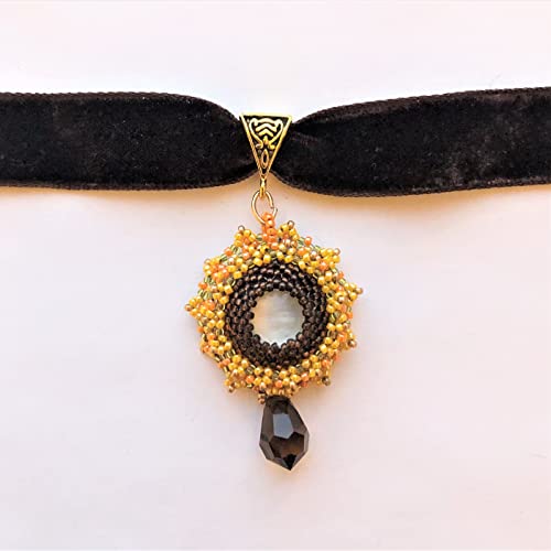 Brown Yellow Orange Beadwoven Sunburst Floral Pendant Velvet Choker Embroidered Flower Fall Autumn