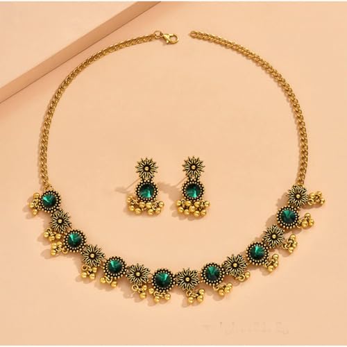 Frodete Indian Jewelry Sets for Women Traditional Bohemian Wedding Jewelry Set Indian Dresses for Women Oxidized Ethnic Party Prom Wear - color: A2:green indian necklace earring sets