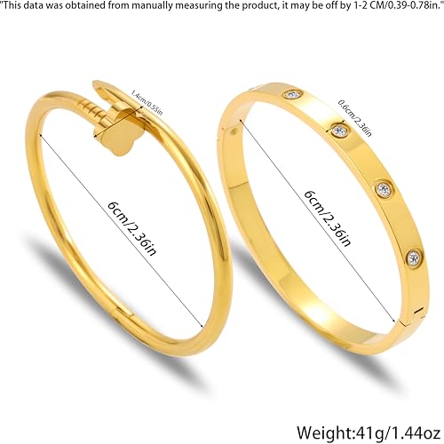 Gold Bangle Bracelets for Women -2PCS Friendship & Love Bangle Bracelet Clover Nail Bracelet Stack Set Trendy Non-Tarnish Stainless Steel Jewelry Gifts for Mom Wife Her - color: Gold-A