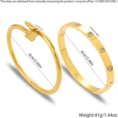 Gold Bangle Bracelets for Women -2PCS Friendship & Love Bangle Bracelet Clover Nail Bracelet Stack Set Trendy Non-Tarnish Stainless Steel Jewelry Gifts for Mom Wife Her - color: Gold-A