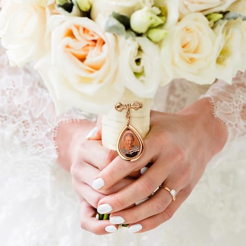 Personalized Photo Wedding Bouquet Charm, Double Sided Round Glass Photo Locket Pendant Pin Brooch, Handmade Memorial Picture Frame Bridal Shower Gift For Bride & Groom - color: Teardrop - Gold