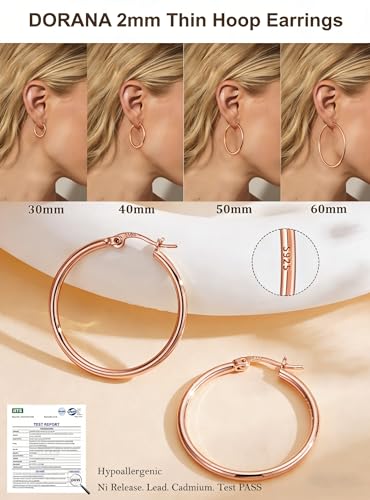 2mm Thin 14K Gold Plated Large S925 Sterling Silver Hoop Earrings for Women Hypoallergenic Big Hoop Non Tarnish Earrings Lightweight 20/30/40/50/60/70mm - color: Rose Gold-30mm
