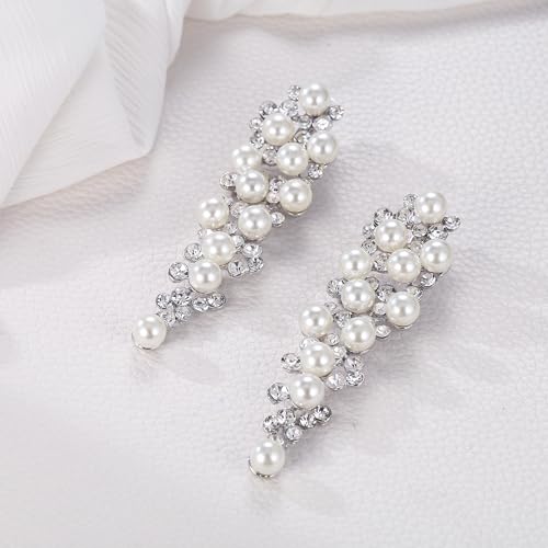 EleQueen Wedding Clip on Sparkle Simulated Pearl Rhinestone Crystal Chandelier Dangle Earrings for Bride Bridesmaid - color: Ivory Silver-Tone