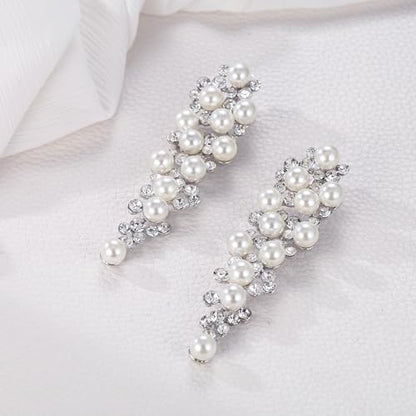 EleQueen Wedding Clip on Sparkle Simulated Pearl Rhinestone Crystal Chandelier Dangle Earrings for Bride Bridesmaid - color: Ivory Silver-Tone