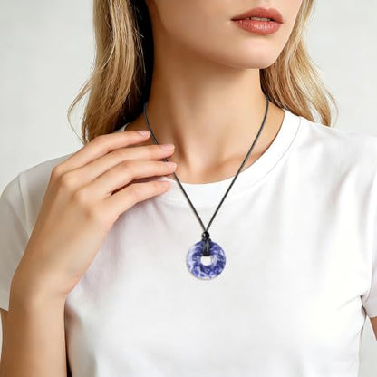 FANASY Natural Gemstone Pendant Necklce Lucky Coin Crystal Necklace Protection Donut Pendnat with Adjustable Rope for Men Women - color: Blue Spot Jasper
