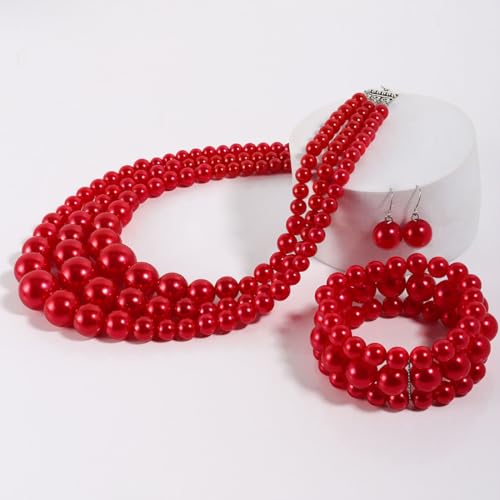 KOSMOS-LI Women's 3 Layer Simulated Pearl Statement 18" Necklace Bracelet and Earrings Jewelry Set Stocking Stuffers - color: red