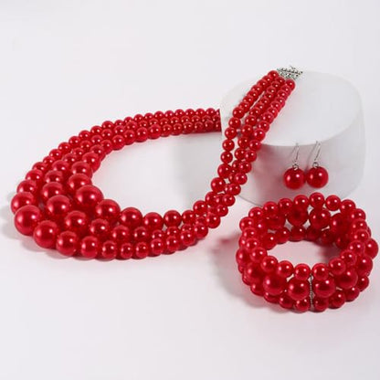 KOSMOS-LI Women's 3 Layer Simulated Pearl Statement 18" Necklace Bracelet and Earrings Jewelry Set Stocking Stuffers - color: red