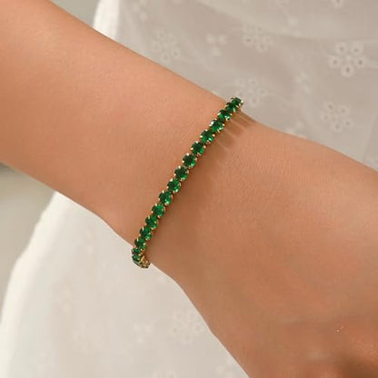 18K Gold Plated Tennis Bracelets for Women, Adjustable Cubic Zirconia Bracelet with Multi-color 4mm CZ Diamond Paperclip Chain, Dainty Trendy Birthday Bridal Jewelry Gifts for Women Daily Party Wear - color: Green