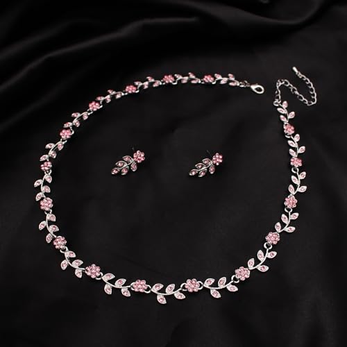 Austrian Crystal Rhinestone Choker Necklace Dangle Earring Link Bracelet Jewelry Set for Brides Bridesmaid Prom Costume Accessories for Women - color: Pink-Platinum Plated