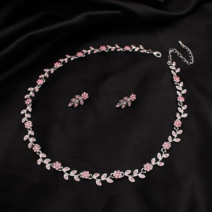 Austrian Crystal Rhinestone Choker Necklace Dangle Earring Link Bracelet Jewelry Set for Brides Bridesmaid Prom Costume Accessories for Women - color: Pink-Platinum Plated