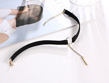 PAMTIER Womens Black Velvet Circle Round Chrams Pendant Ribbon Gothic Collar Choker Necklace with Beads - color: Font Pendant Gold