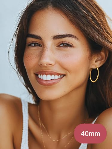 FOCALOOK 14K Gold Plated Lightweight Large Hoops| 2mm Thin Hoop Earrings for Women 30/40/50/70/100mm - color: 01.Gold, size: 40mm