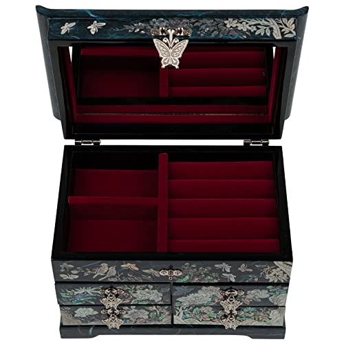 February Mountain Elegant Mother of Pearl Jewelry Box – Handcrafted Wooden Chest with Intricate Butterfly and Crane Designs, 4 Drawer Storage, and Red Velvet Interior – Ideal Gift for Women - style: Crane and Pine Tree - Blue