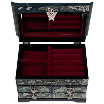 February Mountain Elegant Mother of Pearl Jewelry Box – Handcrafted Wooden Chest with Intricate Butterfly and Crane Designs, 4 Drawer Storage, and Red Velvet Interior – Ideal Gift for Women - style: Crane and Pine Tree - Blue