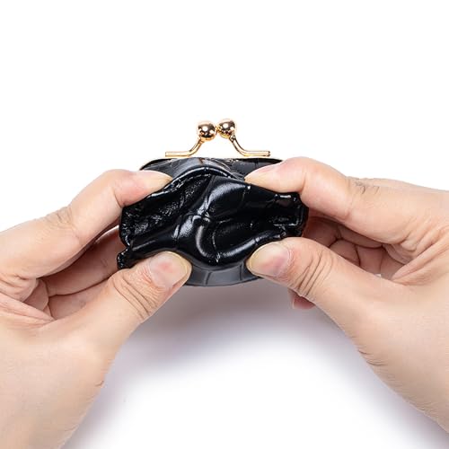 Genuine Leather Mini Jewelry Box & Coin Purse for Women, Travel Jewelry Case with Kiss Lock, Holds Earrings, Rings, Necklace, Bracelet, Coins (Black Crocdile Pattern) - color: Black Crocdile Pattern