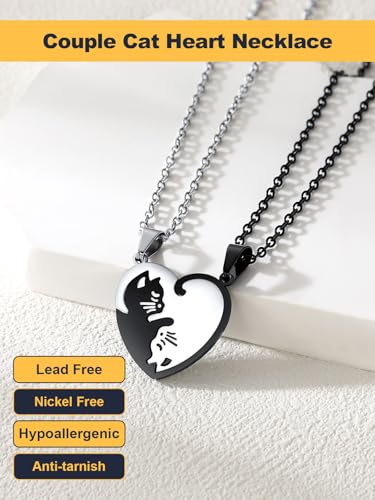 U7 Cat Pendant Necklace for Women Stainless Steel Cute Kitty Cat Jewelry Gift - style: 03-Heart Cat Set-Steel+Black