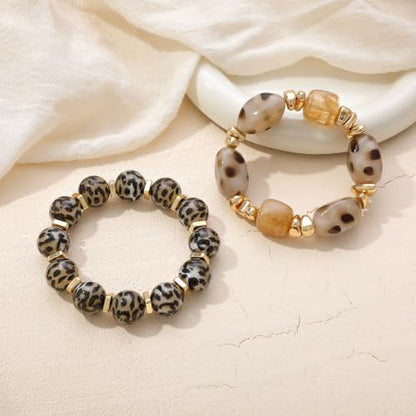 GOOJIDS Simple Beaded Gold Plated Bangles Bracelet Chunky Bamboo Tube Curved Stacking Clear Acrylic Colorful Beads Stretchable Gold Plated Bracelets Set For Women - color: T Gray Leopard Print Set