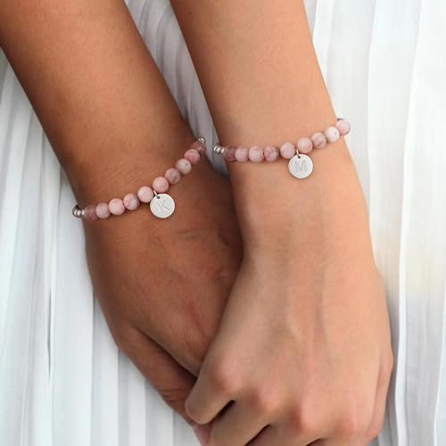 Ritach Initial Bracelets for Girls Kids - Pink Zebra Natural Stone Disc/Heart Initial Bracelet Adjustable Gold/Silver Beaded Bracelets for Girls Kids Teen Girl Jewelry Birthday Gifts - color: J-Silver