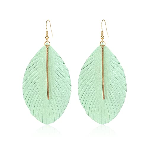 GBAHFY Feather Leather Layered Fringe Earrings for Women Boho Genuine Lightweight Leather Leaf Tassel Dangle Statement Earrings with Metal Bar - color: Light Green