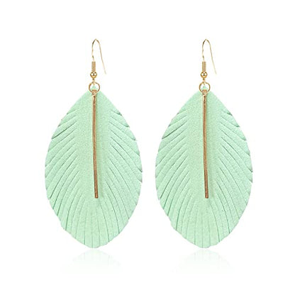 GBAHFY Feather Leather Layered Fringe Earrings for Women Boho Genuine Lightweight Leather Leaf Tassel Dangle Statement Earrings with Metal Bar - color: Light Green