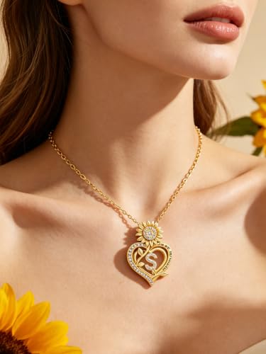 14K Gold Sunflower Initial Necklaces for Women | Heart Letter Pendant You Are My Sunshine Jewelry Gifts - style: S