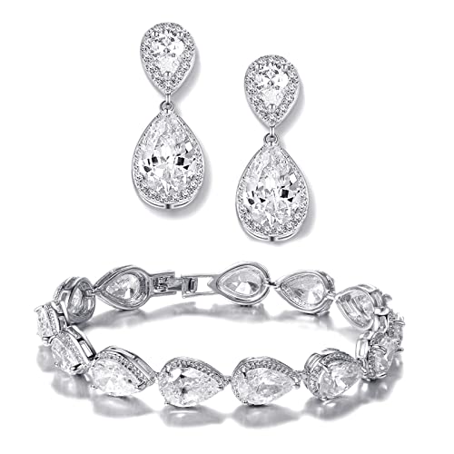 Bride Teardrop Earrings & Bracelet Wedding Jewelry Set, Cubic Zirconia Bridal Bridesmaid Party Formal Prom Gift - color: White Gold