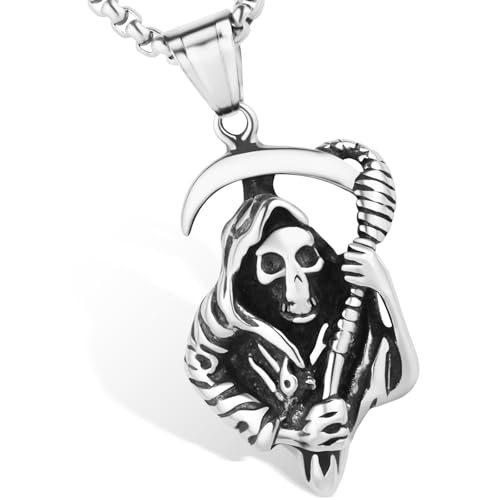 Stainless Steel Gothic Y2K Punk Rock Emo Biker Pendant Necklace | Cosplay Vintage Viking Alt Edgy Fashion Charm Necklace Jewelry for Men Women Active Daily Wear - style: Death Scythe Skull