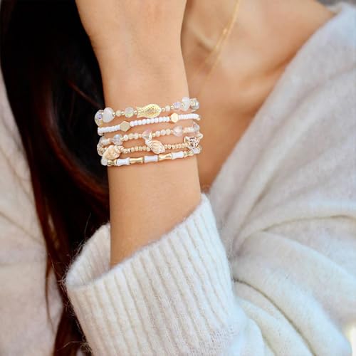Dainty Gold Plated Pearl Crystal Beaded Bracelets Set for Women 14K Gold Plated Bead Pearl Beads Bracelet Stackable Paperclip Link Chain Bracelets Gold Plated Bracelets for Women Trendy Jewelry - color: Style6 White
