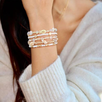 Dainty Gold Plated Pearl Crystal Beaded Bracelets Set for Women 14K Gold Plated Bead Pearl Beads Bracelet Stackable Paperclip Link Chain Bracelets Gold Plated Bracelets for Women Trendy Jewelry - color: Style6 White