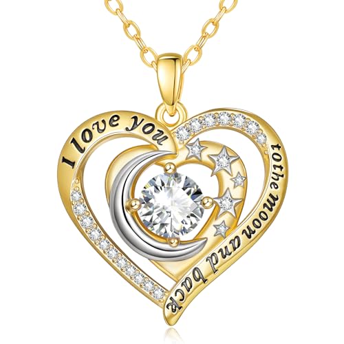 14K Gold I Love You to the Moon and Back Necklace for Women, Double Heart Birthstone Necklace, Moon Star Love Jewelry, Christmas Valentines Mothers Day Birthday Gifts for Wife Mom Girlfriend - color: 04-Apr Birthstone
