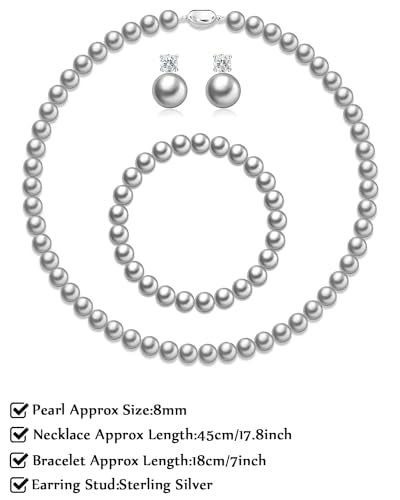 Pearl Necklaces for Women,8mm Pearl Necklace and Earring Bracelet Jewelry Set for Women Men Wedding Birthday Valentine Christmas Day Gifts - color: Grey