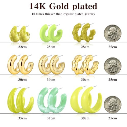 Chunky Gold Hoop Earrings for Women 9 Pairs, Fashion Resin Jewelry Gifts | Thick, Open, Twisted, Huggie, lightweight, 14K Gold-plated, Hypoallergenic, Great for Party/Gathering/Wedding/Work/Daily - color: Green