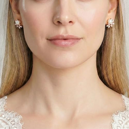 Mariell Pearl & Marquise CZ Crystal Wedding Earrings for Bride, Bridesmaids & Mother of the Bride - color: Rose Gold