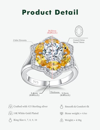 Flower Engagement Promise Ring Sterling Silver Birthstone Rings for Women Sapphire/Emerald/Ruby Gemstone Six Leaf Clover Statement Cocktail Ring Size 6 to 10 - style: 11. November-Created Citrine