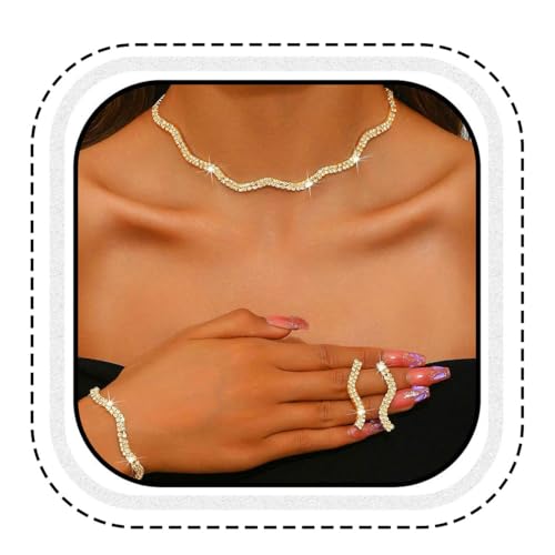 Aukmla Rhinestones Bridal Wedding Jewelry Set Choker Necklaces Earrings Bracelet Sets Prom Jewelry for Women and Brides - color: Gold