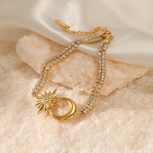 CTRLZTEAM 14K 18K Gold Plated Layered Bracelets for Women Stacked Bracelet | 14K 18K gold plated multi layer bracelets combine distinct chains with single clasp for instant pre-stacked style - style: Celestial Sun and Moon Double Row Zirconia