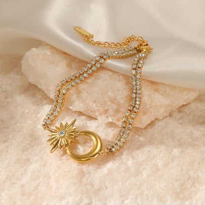CTRLZTEAM 14K 18K Gold Plated Layered Bracelets for Women Stacked Bracelet | 14K 18K gold plated multi layer bracelets combine distinct chains with single clasp for instant pre-stacked style - style: Celestial Sun and Moon Double Row Zirconia