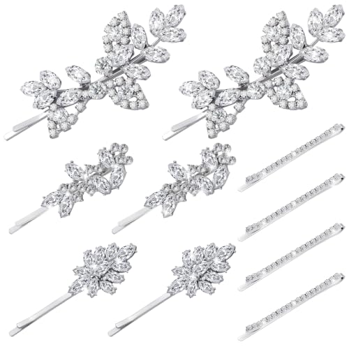 Janinka 10 Pieces Rhinestone Wedding Hair Clips Bridal Crystal Bobby Pins Silver Barrette Leaf Flower Wedding Elegant Hair Accessories for Bride Women and Girls(Rhinestone Style) - color: Rhinestone style