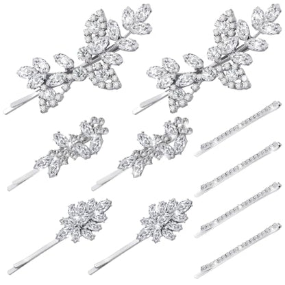 Janinka 10 Pieces Rhinestone Wedding Hair Clips Bridal Crystal Bobby Pins Silver Barrette Leaf Flower Wedding Elegant Hair Accessories for Bride Women and Girls(Rhinestone Style) - color: Rhinestone style