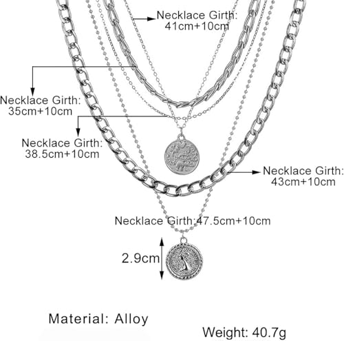 Todenb Layered Gold Pirate Necklace for Women Chunky Chain Pirate Jewelry 80s 90s Coin Pendant Necklace Pirate Costume Accessories - color: Silver