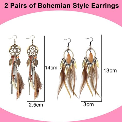 2 Pairs Brown Dream Catcher Feather Earrings for Women Bohemian Vintage Tassel Drop Dangle Earrings Ethnic Long Fringe Dreamcather Earring for Women Ear Jewelry - QC