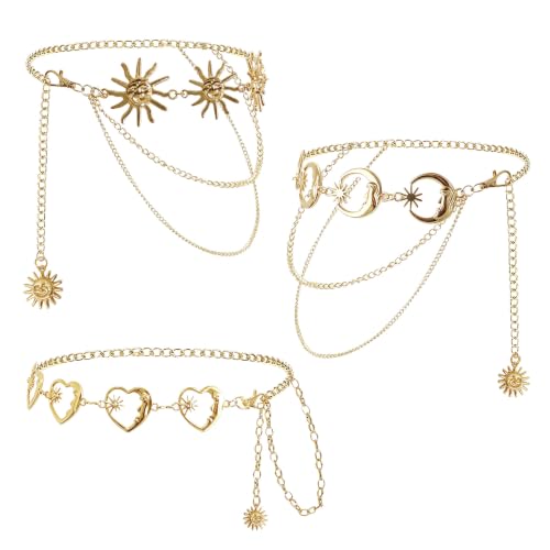 3 Pcs Gold Chain Belt for Women, Adjustable Waist Chain with Clover Butterfly Disc Pendants, Body Jewelry, Boho Belts for Women, Summer Beach Party - color: Gold-2