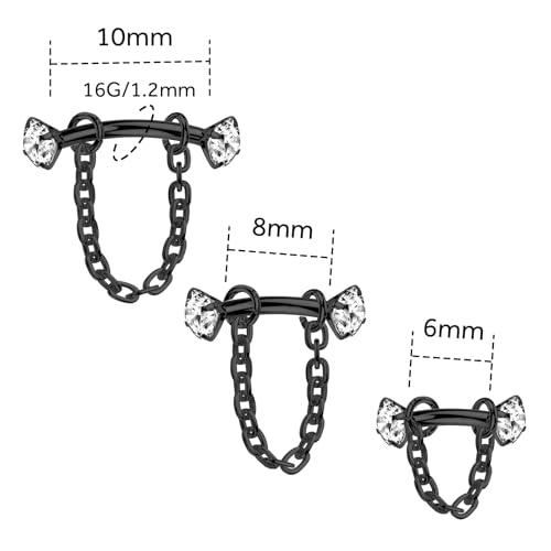 3 Pcs 316L Stainless Steel 16G Tragus Helix Rook Piercing Jewelry with Chain, Cartilage Earrings for Women, Belly Button Ring Vertical Labret Lip Piercing Jewelry - color: Black, size: Prong Setting