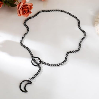 Slip Chain Choker for Women Handmade Black Stainless Steel Cuban Chain Chunky Moon Bat Raven Skull Pendant Gothic Punk Rock Collar Adjustable Lariat Y Necklace for Men - style: Black Moon