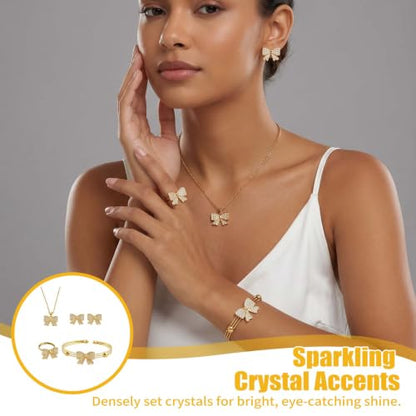 1 Set 4 Pcs Bow Jewelry Set Silver-tone Rhinestone Adjustable Bow Necklace, Earrings, Bracelet, Ring for Women, Party, Daily - color: Gold