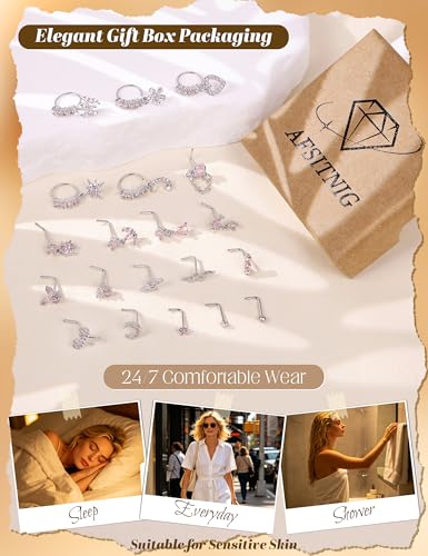 20Pcs 20G Dangle Nose Rings for Women Surgical Steel L Shaped Dangling Nose Studs Dainty Nose Ring Hoop Set CZ Heart Flower Butterfly Moon Nose Piercing Jewelry - color: Silver Pink Nose Rings