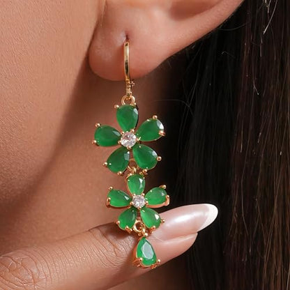 18K Gold Plated Flower Dangle Earrings for Women, Hypoallergenic Cubic Zirconia Earrings, Elegant CZ Drop Earrings, Statement Jewelry Gifts Party Fashion - style: 7098-Flower-Green