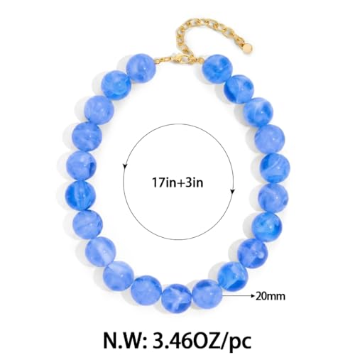 Chunky Beaded Choker Necklace for Women Boho Statement Necklace with Large Pearl Blue Brown Tone Resin Beads Summer Beach Jewelry Gifts - color: Light Blue