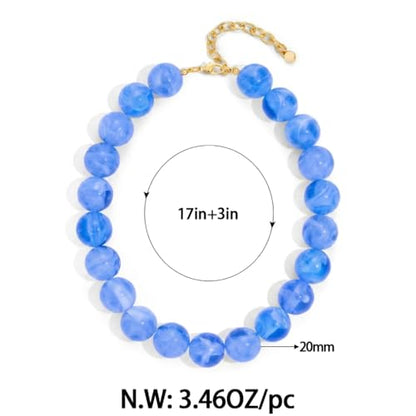 Chunky Beaded Choker Necklace for Women Boho Statement Necklace with Large Pearl Blue Brown Tone Resin Beads Summer Beach Jewelry Gifts - color: Light Blue